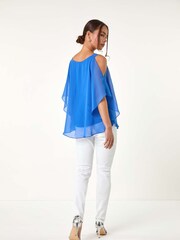 Roman Blue Sparkle Cold Shoulder Chiffon Top - Image 3 of 5