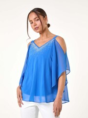 Roman Blue Sparkle Cold Shoulder Chiffon Top - Image 4 of 5