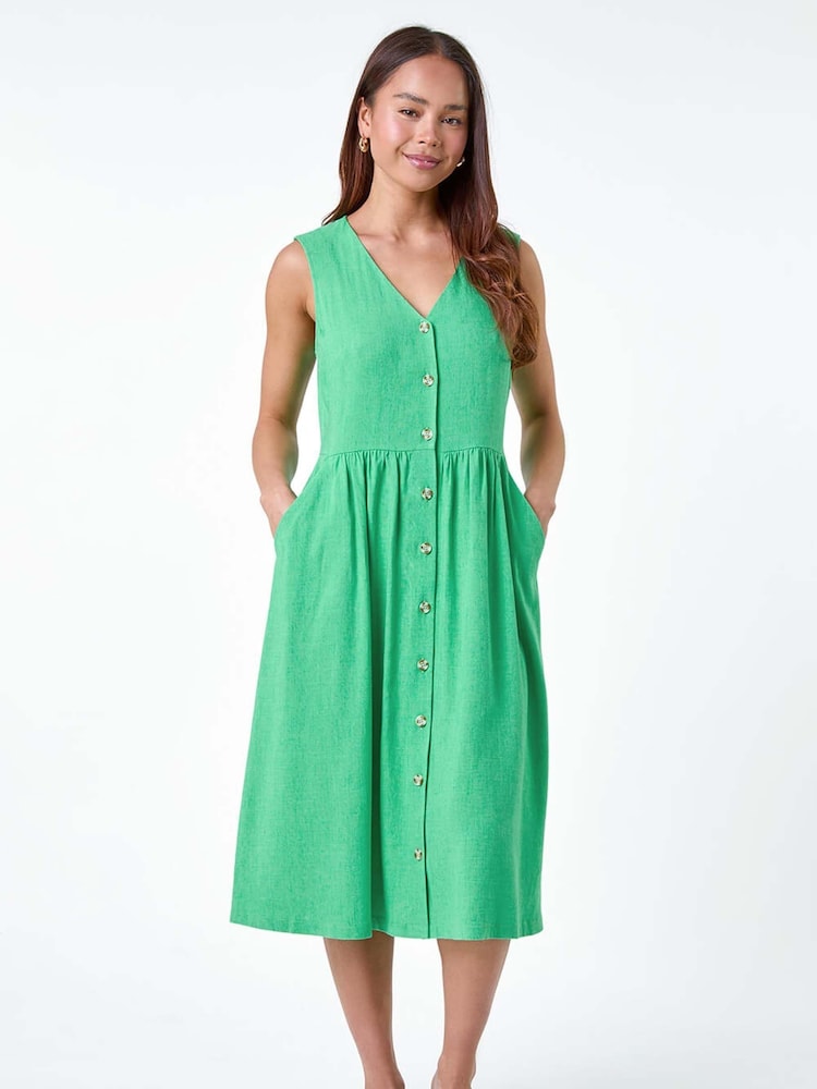 Roman Green Linen Blend Pocket Button Midi Dress - Image 1 of 1