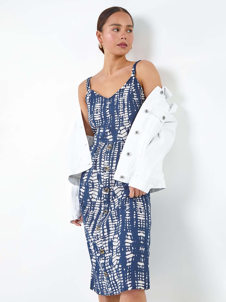 Roman Blue Tie Dye Button 100% Cotton Front Dress - Image 1 of 5