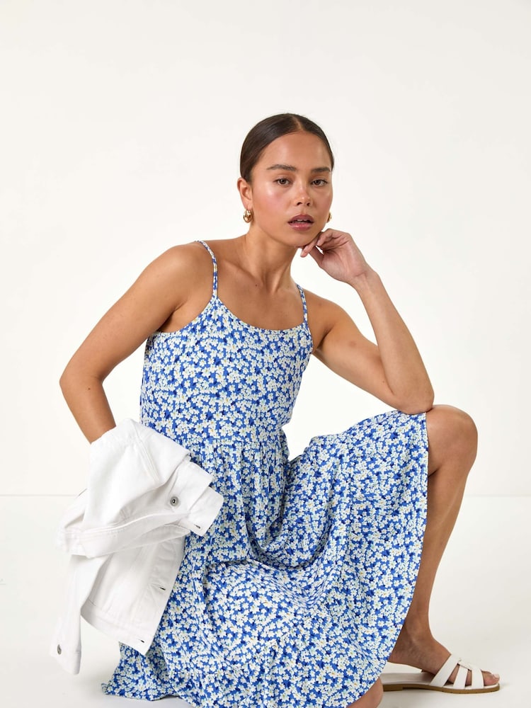 Roman Blue Ditsy Floral Tiered Stretch Dress - Image 1 of 5