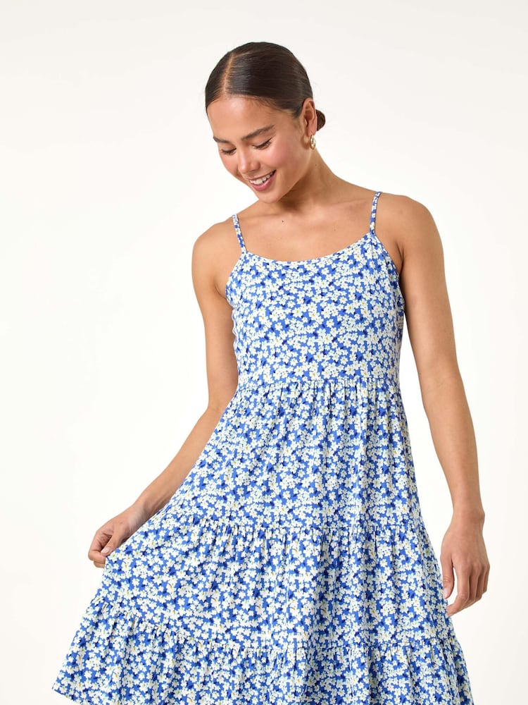 Roman Blue Ditsy Floral Tiered Stretch Dress - Image 4 of 5
