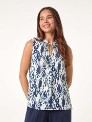 Roman Blue Aztec Style Print Tie Detail Top - Image 4 of 5