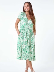 Roman Green Tropical Button Pocket Midi Dress - Image 1 of 5