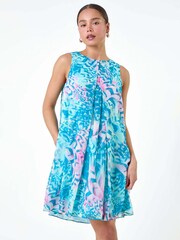 Roman Blue Abstract Print Pleat Neck Dress - Image 1 of 5