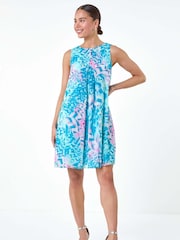 Roman Blue Abstract Print Pleat Neck Dress - Image 2 of 5