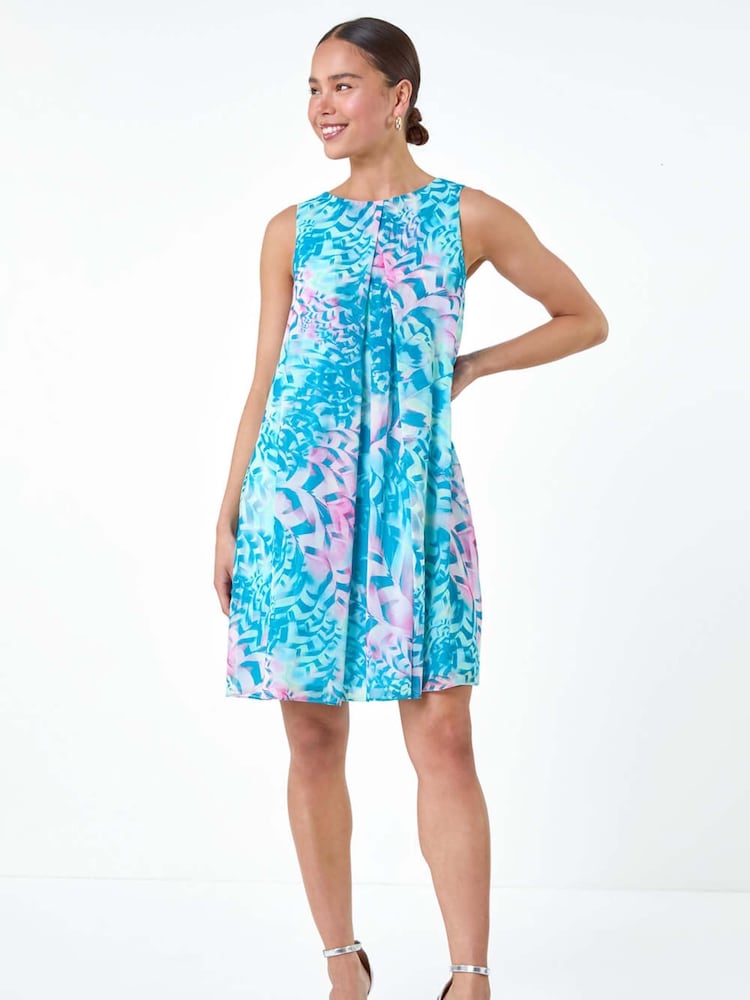 Roman Blue Abstract Print Pleat Neck Dress - Image 2 of 5