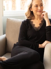 Nora Rose Black Lace Trim Jersey Long Sleeve Pyjama Set - Image 1 of 4