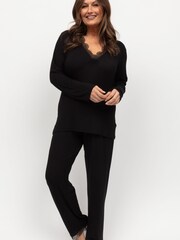 Nora Rose Black Lace Trim Jersey Long Sleeve Pyjama Set - Image 2 of 4