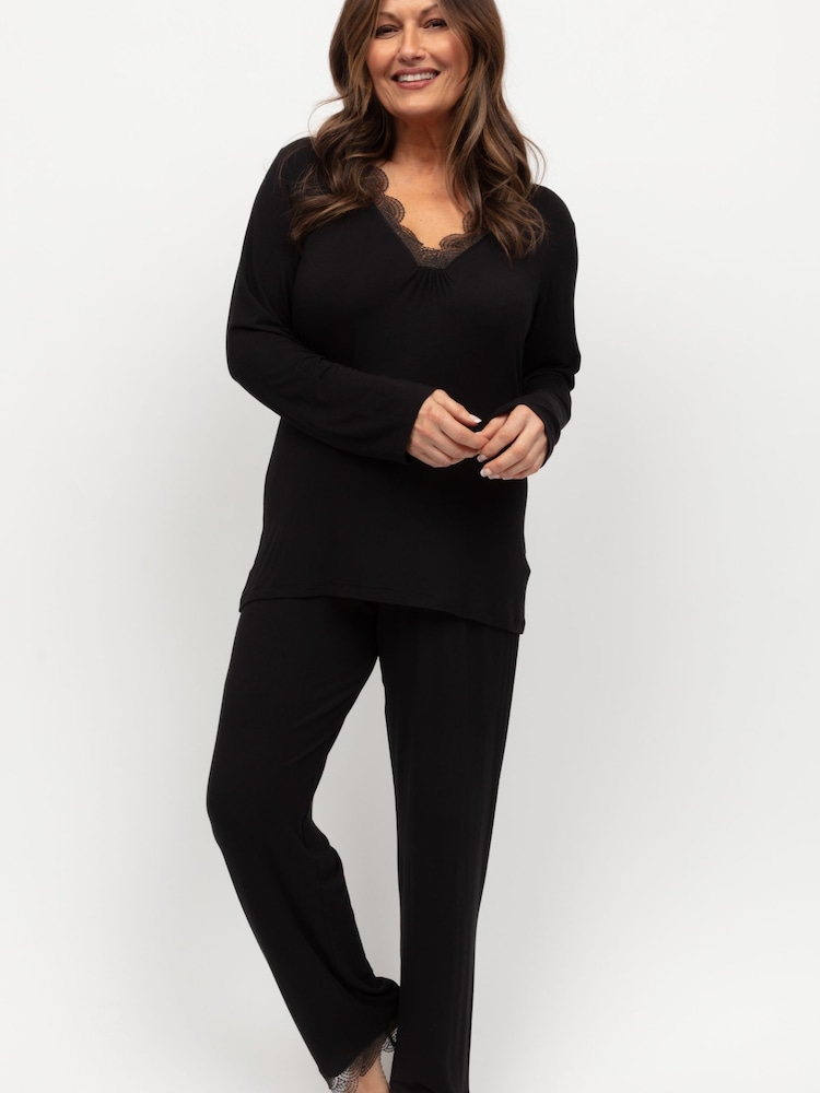 Nora Rose Black Lace Trim Jersey Long Sleeve Pyjama Set - Image 2 of 4