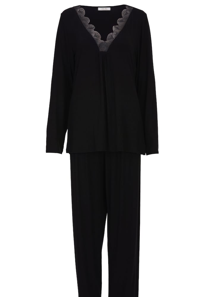 Nora Rose Black Lace Trim Jersey Long Sleeve Pyjama Set - Image 4 of 4