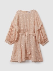 Reiss Pink Allie 4-9 yrs Metallic Jacquard Print Puff Sleeve Dress - Image 2 of 5