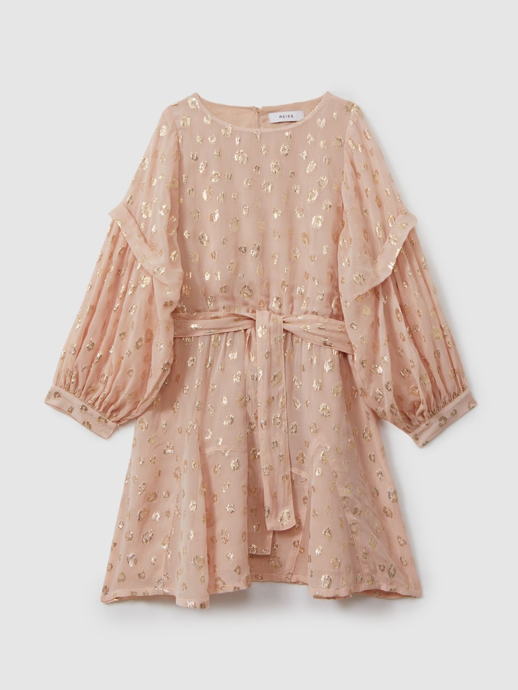 Reiss Pink Allie 4-9 yrs Metallic Jacquard Print Puff Sleeve Dress - Image 2 of 5