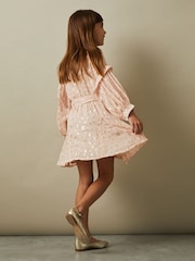 Reiss Pink Allie 13-14 yrs Metallic Jacquard Print Puff Sleeve Dress - Image 3 of 5