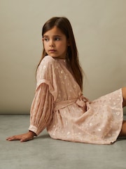 Reiss Pink Allie 13-14 yrs Metallic Jacquard Print Puff Sleeve Dress - Image 4 of 5