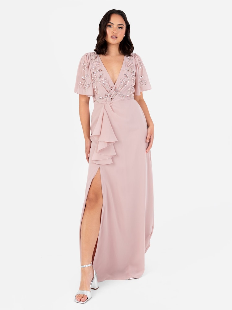 Maya Pink Wrap Bodice Angel Sleeve Embellished Maxi Dress - Image 1 of 5 Maya Pink Wrap Bodice Angel Sleeve Embellished Maxi Dress - Image 1 of 5