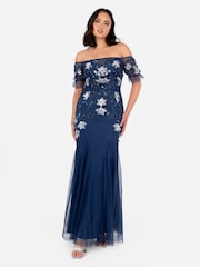 Maya Blue Floral Embellished Bardot Puff Sleeve Maxi Dress - Image 1 of 5