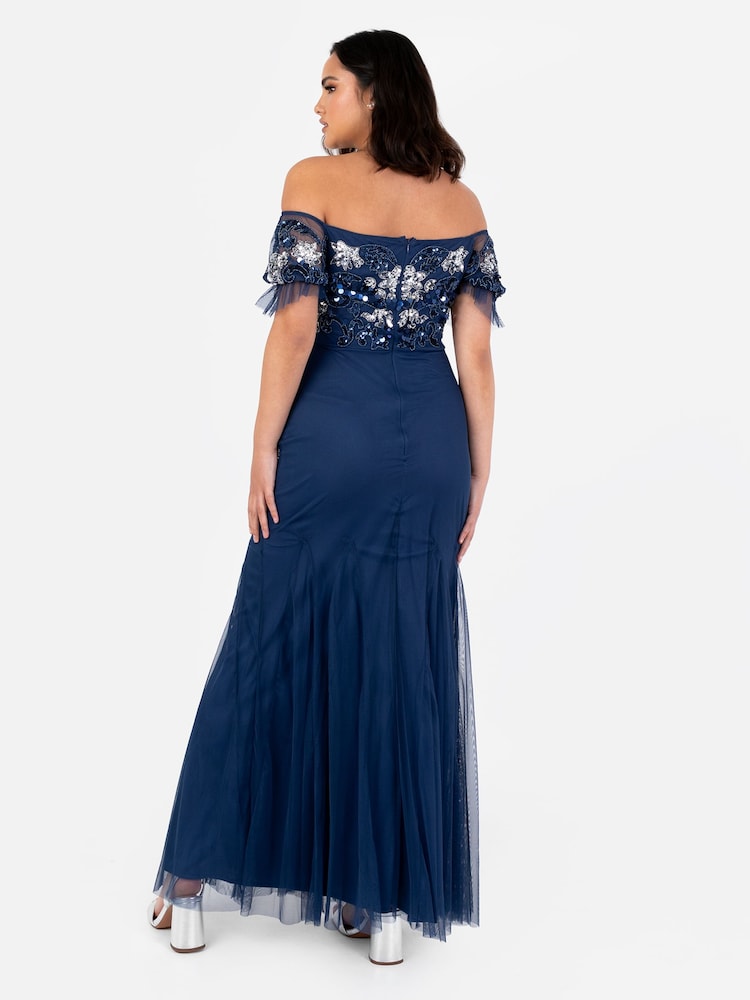 Maya Blue Floral Embellished Bardot Puff Sleeve Maxi Dress - Image 2 of 5 Maya Blue Floral Embellished Bardot Puff Sleeve Maxi Dress - Image 2 of 5