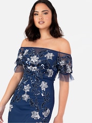 Maya Blue Floral Embellished Bardot Puff Sleeve Maxi Dress - Image 3 of 5