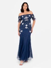 Maya Blue Floral Embellished Bardot Puff Sleeve Maxi Dress - Image 5 of 5