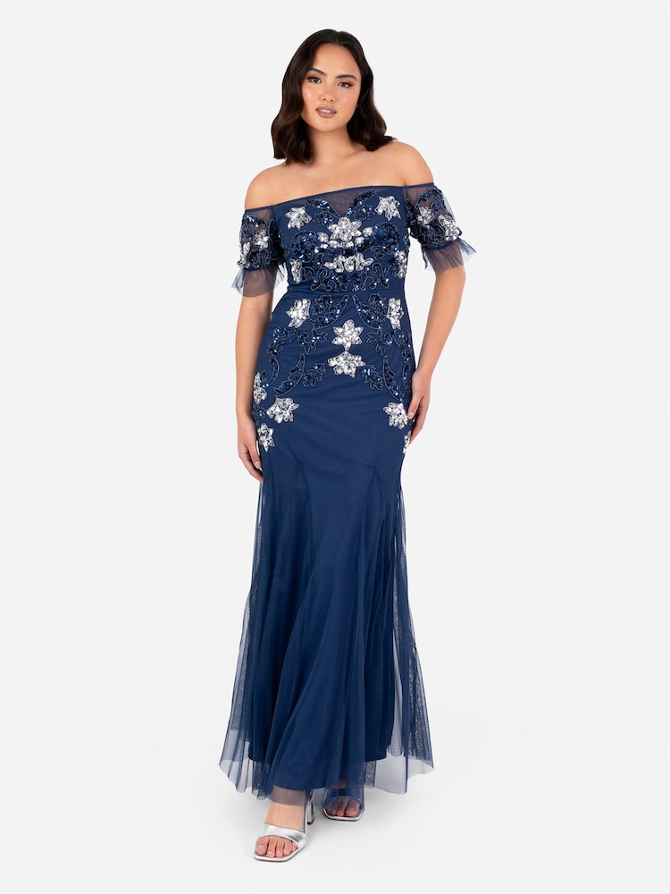 Maya Blue Floral Embellished Bardot Puff Sleeve Maxi Dress - Image 5 of 5 Maya Blue Floral Embellished Bardot Puff Sleeve Maxi Dress - Image 5 of 5