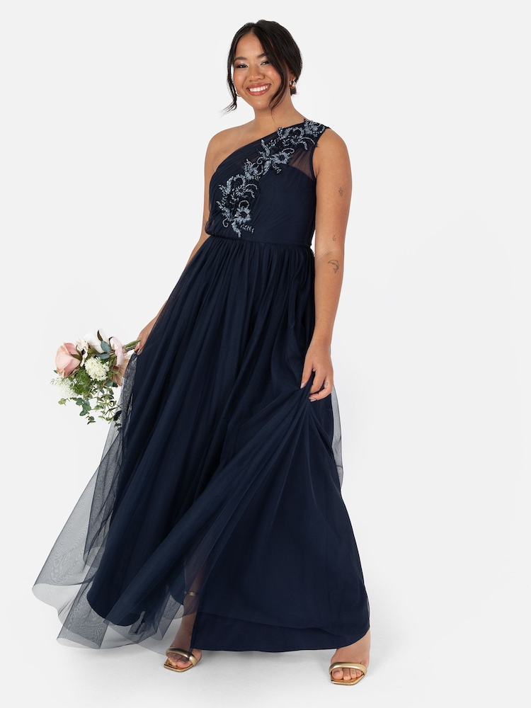 Maya Blue One Shoulder Tulle Maxi Dress With Embellished Motif - Image 1 of 5