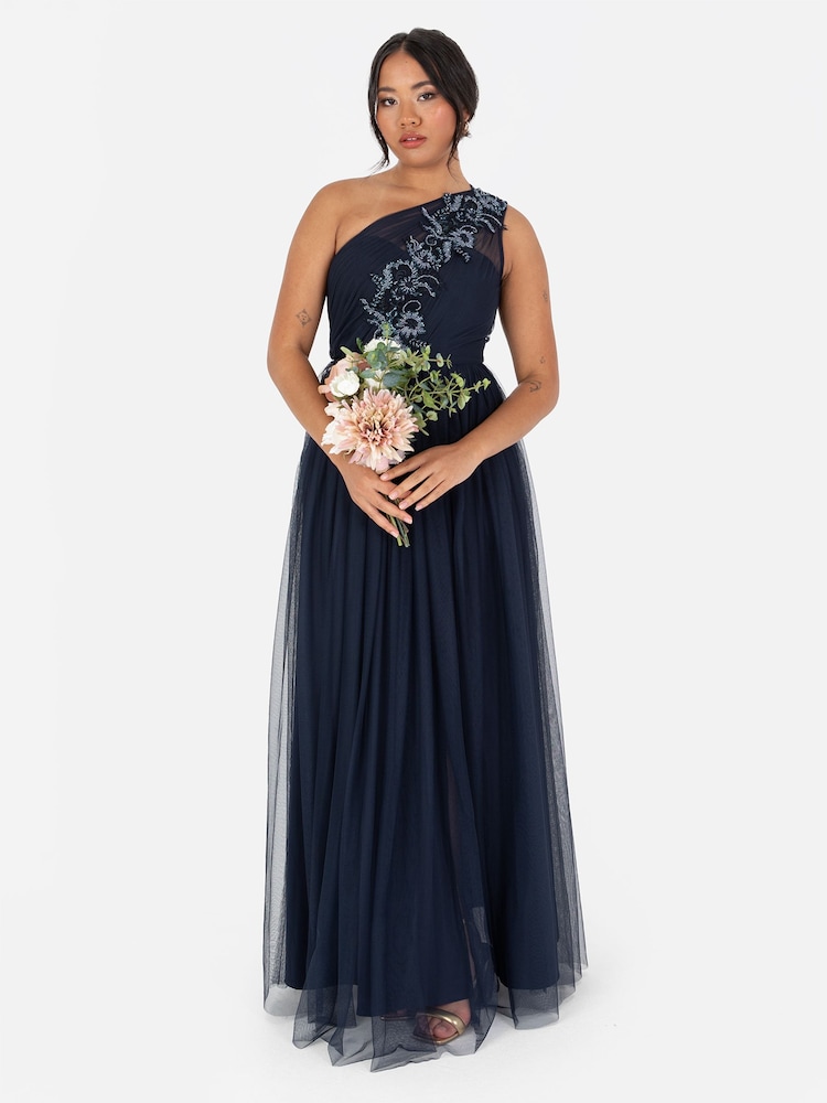 Maya Blue One Shoulder Tulle Maxi Dress With Embellished Motif - Image 2 of 5