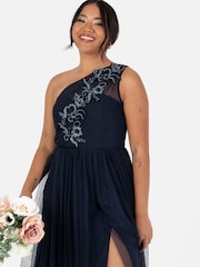 Maya Blue One Shoulder Tulle Maxi Dress With Embellished Motif - Image 4 of 5