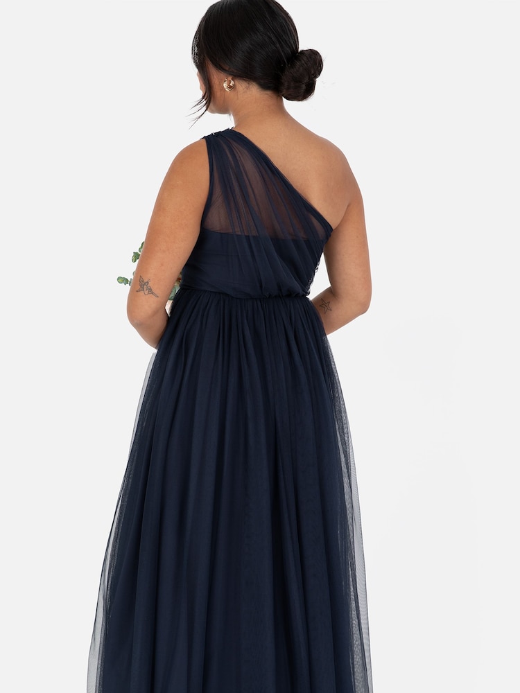 Maya Blue One Shoulder Tulle Maxi Dress With Embellished Motif - Image 5 of 5