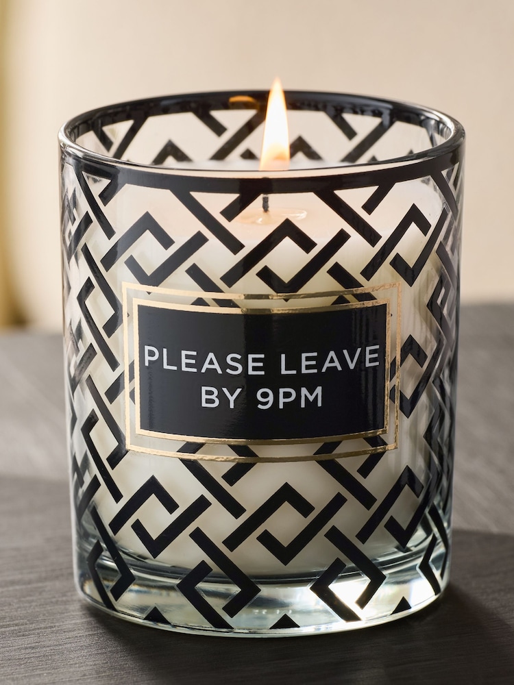 Black/White Please Leave By 9pm Slogan Midnight Amber and Patchouli Scented Candle - Image 2 of 3