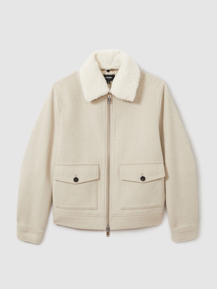 Reiss Stone Melange Andrew Wool Blend and Faux Shearling Jacket - Image 2 of 10