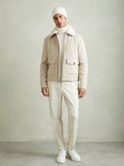 Reiss Stone Melange Andrew Wool Blend and Faux Shearling Jacket - Image 9 of 10