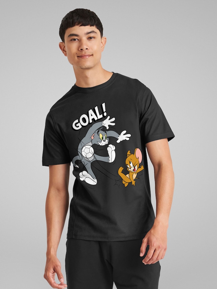 All + Every Black Mens Tom and Jerry Football Goal 100% Cotton T-Shirt - Image 1 of 4