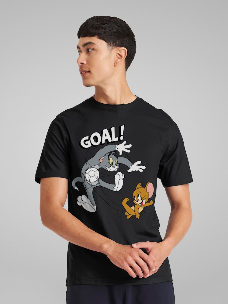 All + Every Black Mens Tom and Jerry Football Goal 100% Cotton T-Shirt - Image 2 of 4