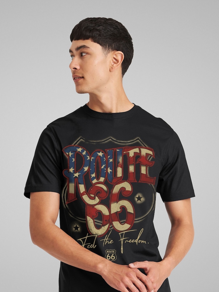 All + Every Black Mens 100% Cotton Route 66 US Flag Text T-Shirt - Image 2 of 4