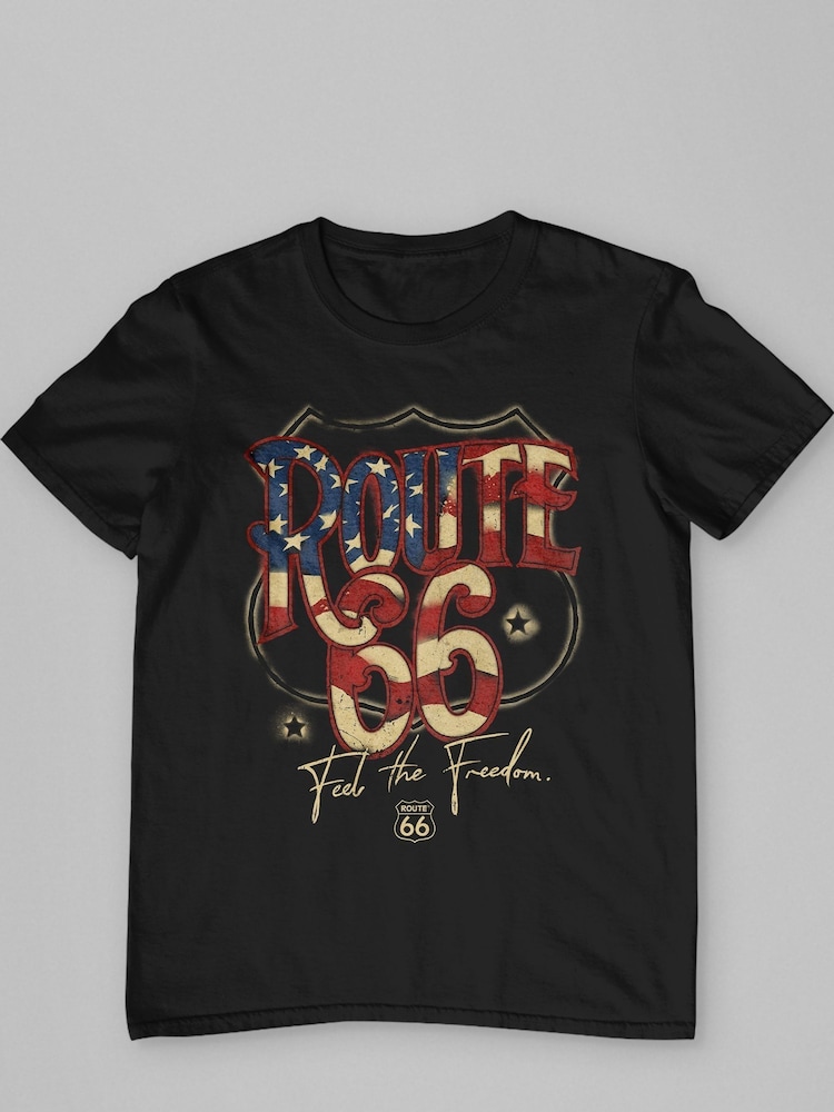All + Every Black Mens 100% Cotton Route 66 US Flag Text T-Shirt - Image 3 of 4
