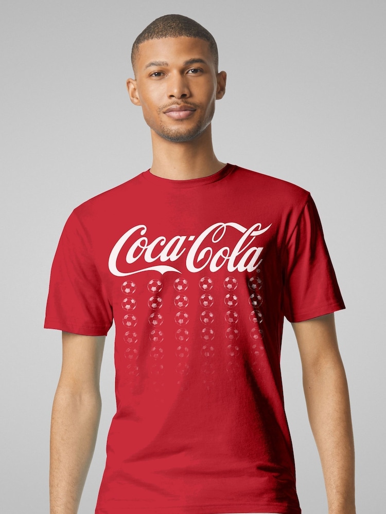 All + Every Red Mens 100% Cotton Official Coca Cola Football Multi Balls T-Shirt - Image 1 of 4