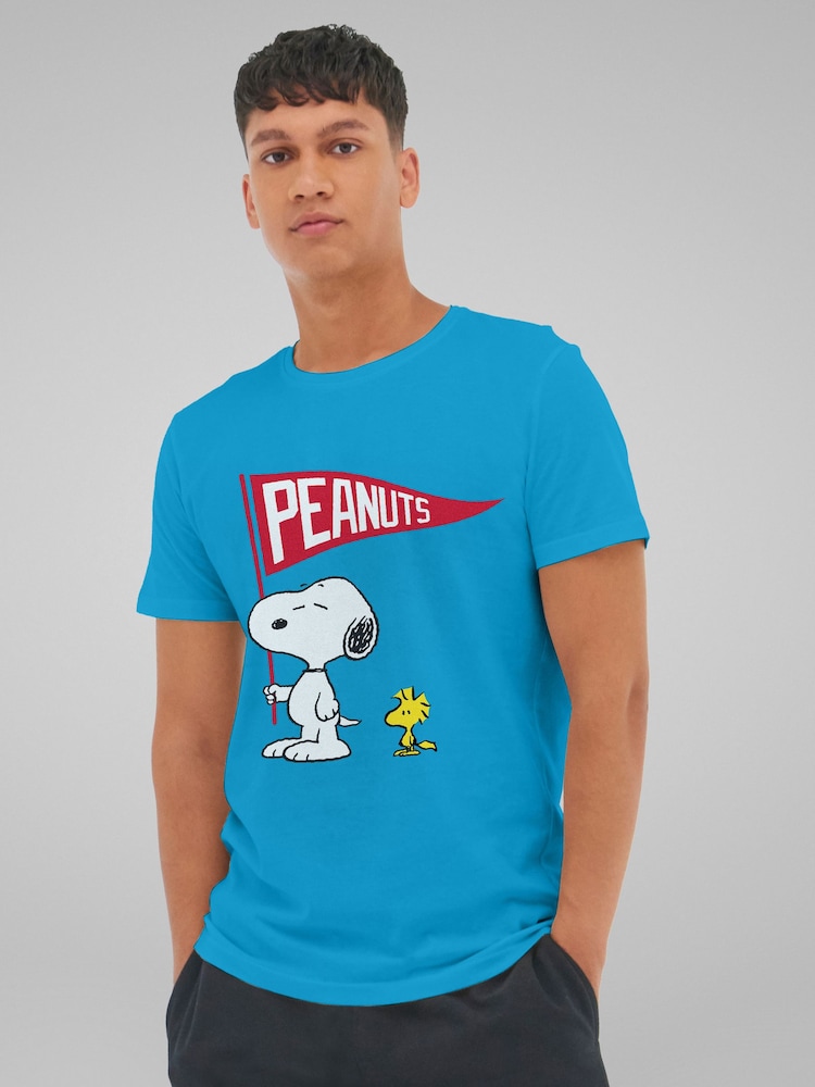 All + Every Blue Mens 100% Cotton Peanuts Snoopy And Woodstock Flag T-Shirt - Image 1 of 4