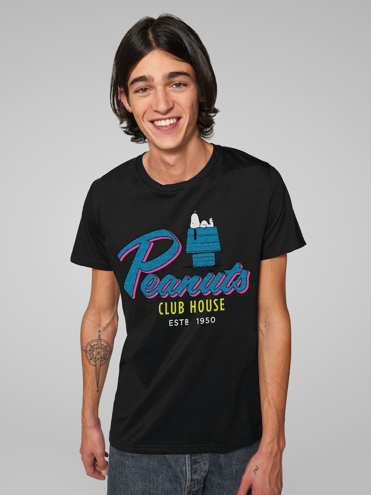 All + Every Black Mens 100% Cotton Peanuts Snoopy Club House T-Shirt - Image 2 of 4