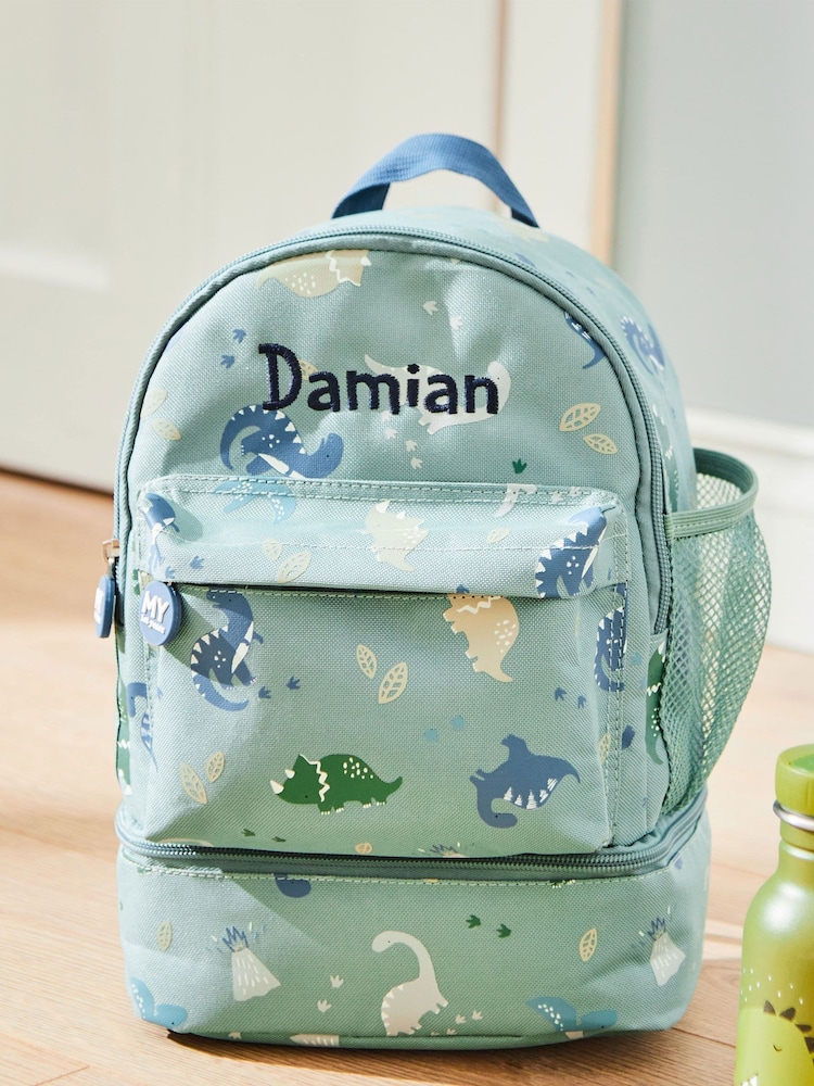 My 1st Years Personalised Green Dinosaur Print Mini Backpack with Compartment - Image 1 of 5