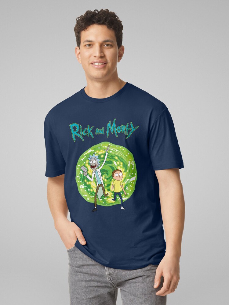 All + Every Blue Mens 100% Cotton Rick And Morty Walking Through Portal T-Shirt - Image 1 of 4