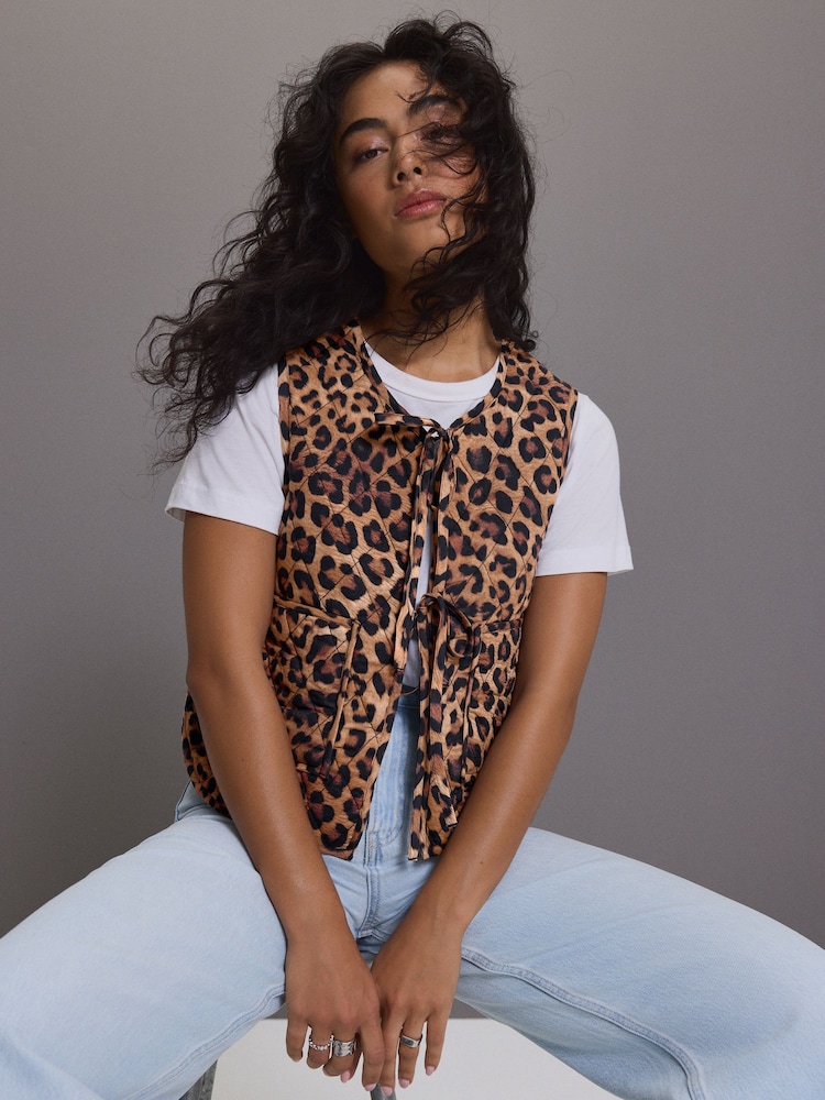 Animal Print Padded Reversible Tie Front 100% Cotton Gilet - Image 1 of 7