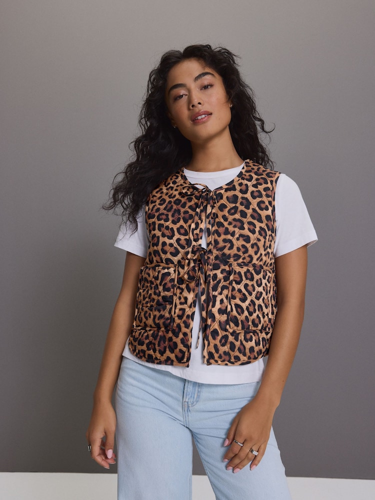 Animal Print Padded Reversible Tie Front 100% Cotton Gilet - Image 2 of 7