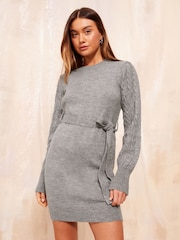 Friends Like These Grey Tie Waist Cable Sleeve Mini Dress - Image 1 of 2