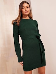 Friends Like These Green Tie Waist Cable Sleeve Mini Dress - Image 3 of 4