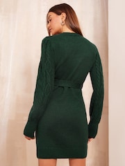 Friends Like These Green Tie Waist Cable Sleeve Mini Dress - Image 4 of 4