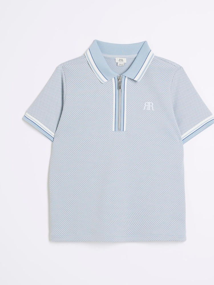 River Island Blue Boys Textured Tipped 100% Cotton Polo Shirt - Image 1 of 3 River Island Blue Boys Textured Tipped 100% Cotton Polo Shirt - Image 1 of 3