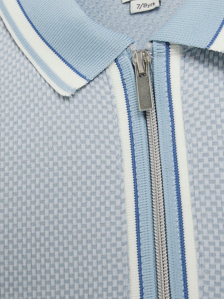 River Island Blue Boys Textured Tipped 100% Cotton Polo Shirt - Image 3 of 3 River Island Blue Boys Textured Tipped 100% Cotton Polo Shirt - Image 3 of 3