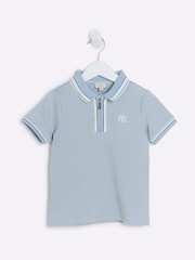 River Island Blue Boys Textured Tipped 100% Cotton Polo Shirt - Image 1 of 4