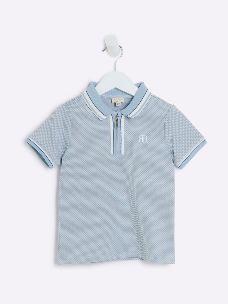 River Island Blue Boys Textured Tipped 100% Cotton Polo Shirt - Image 1 of 4